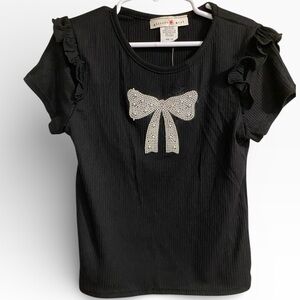 New Glitter Girl Black beaded bow Ruffle top Size 7/8 Girls